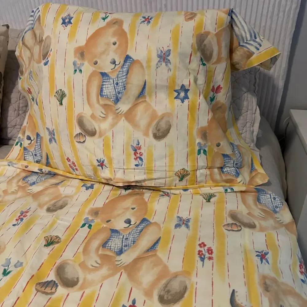 Vintage Anna French Bear Nursery Crib Duvet Cover Shams Yellow Soft Cotton 50x74